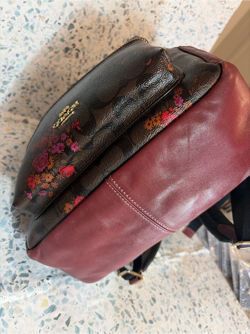 Coach F38049 Prairie Floral Signature Canvas Backpack Burgundy Leather - Picture 8 of 13